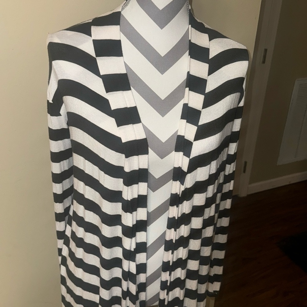 Green & White Striped Open Cardigan with brown Elbow Patches by Flamingo Urban